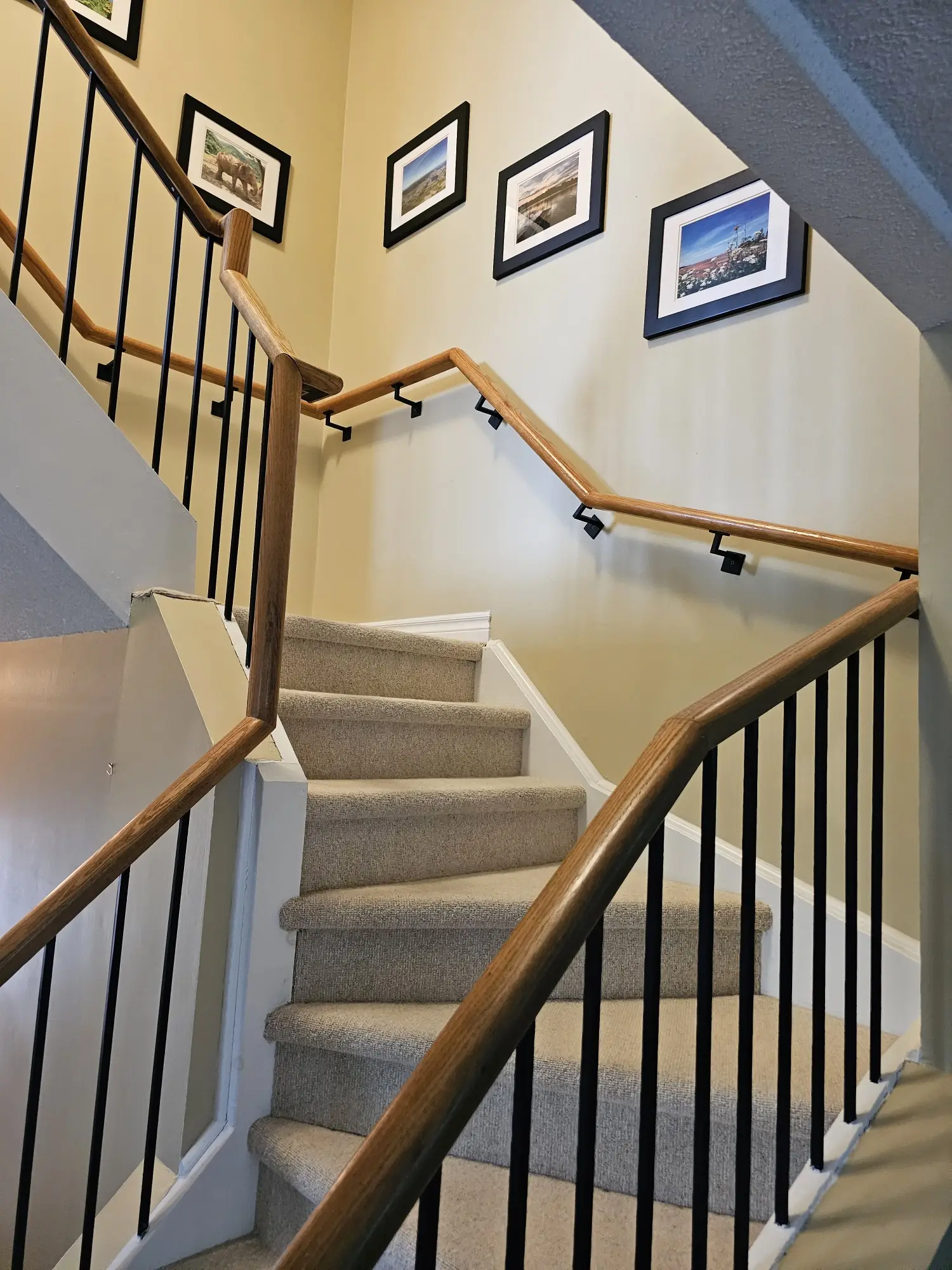 Luxury staircase refinished with rich hardwood treads and designer black railings.