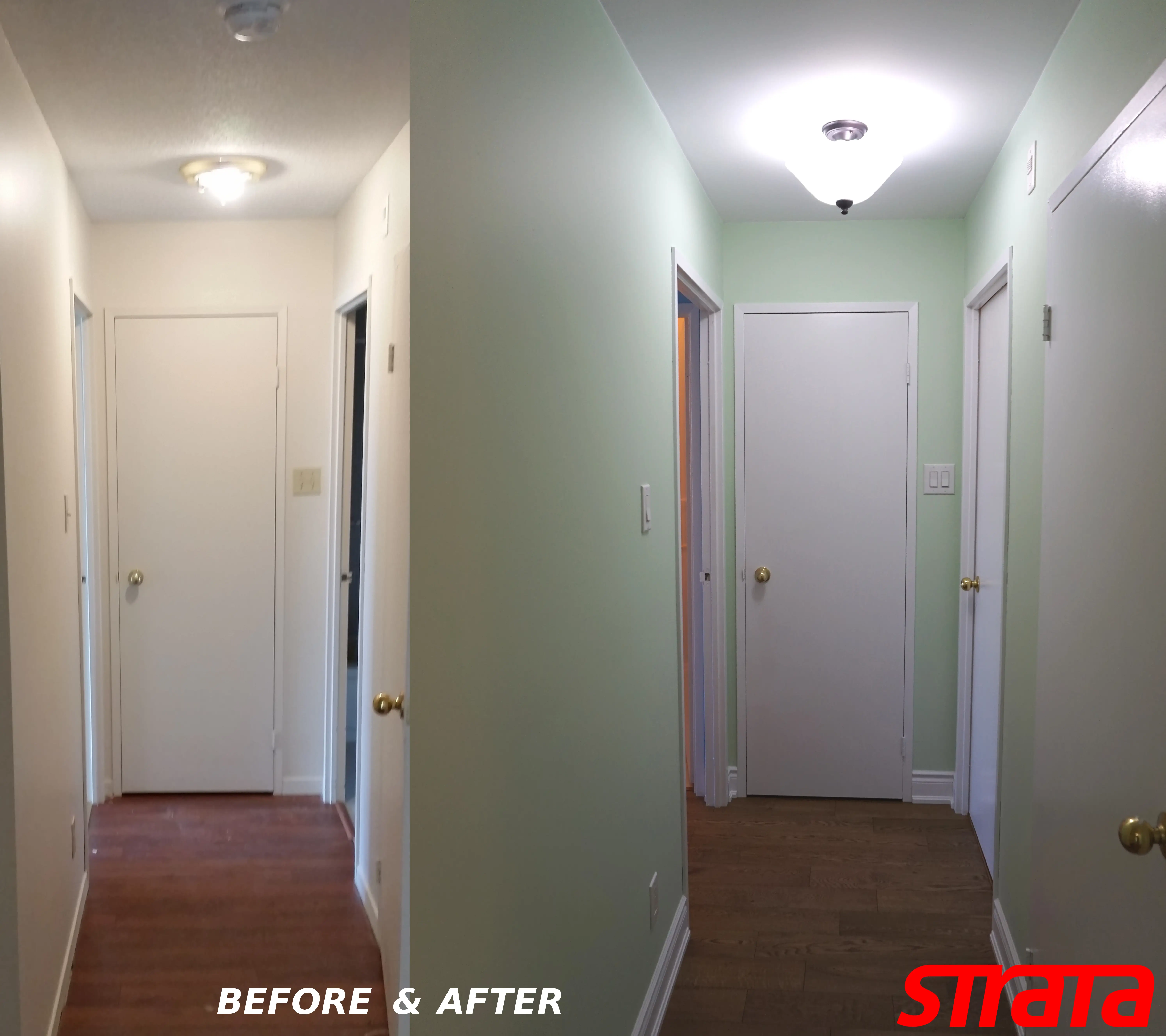 Before and after transformation of popcorn ceiling removal in a Toronto condo using professional resurfacing techniques.
