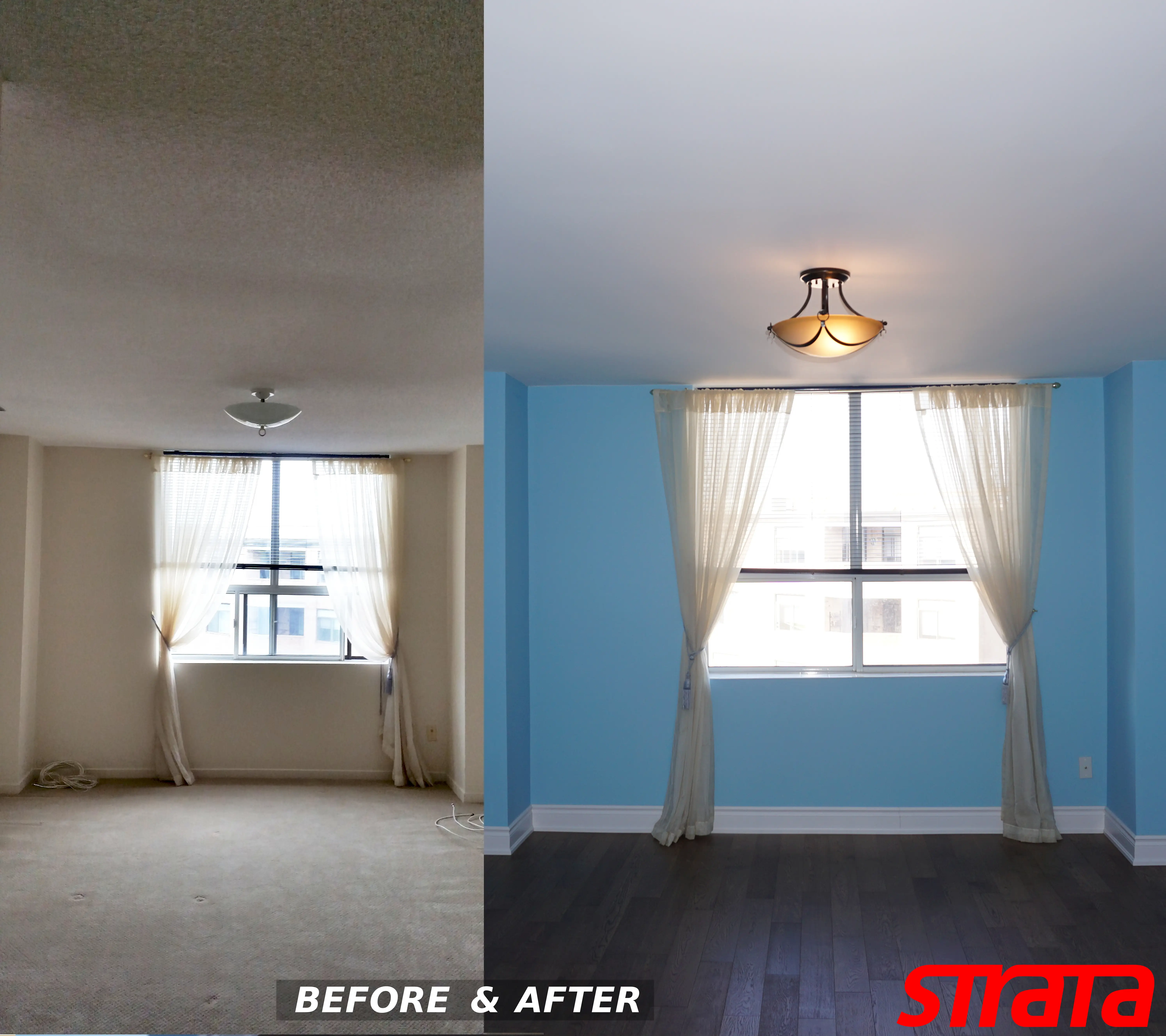 Smooth finished ceiling in Newmarket following complete popcorn ceiling removal and skim coating.