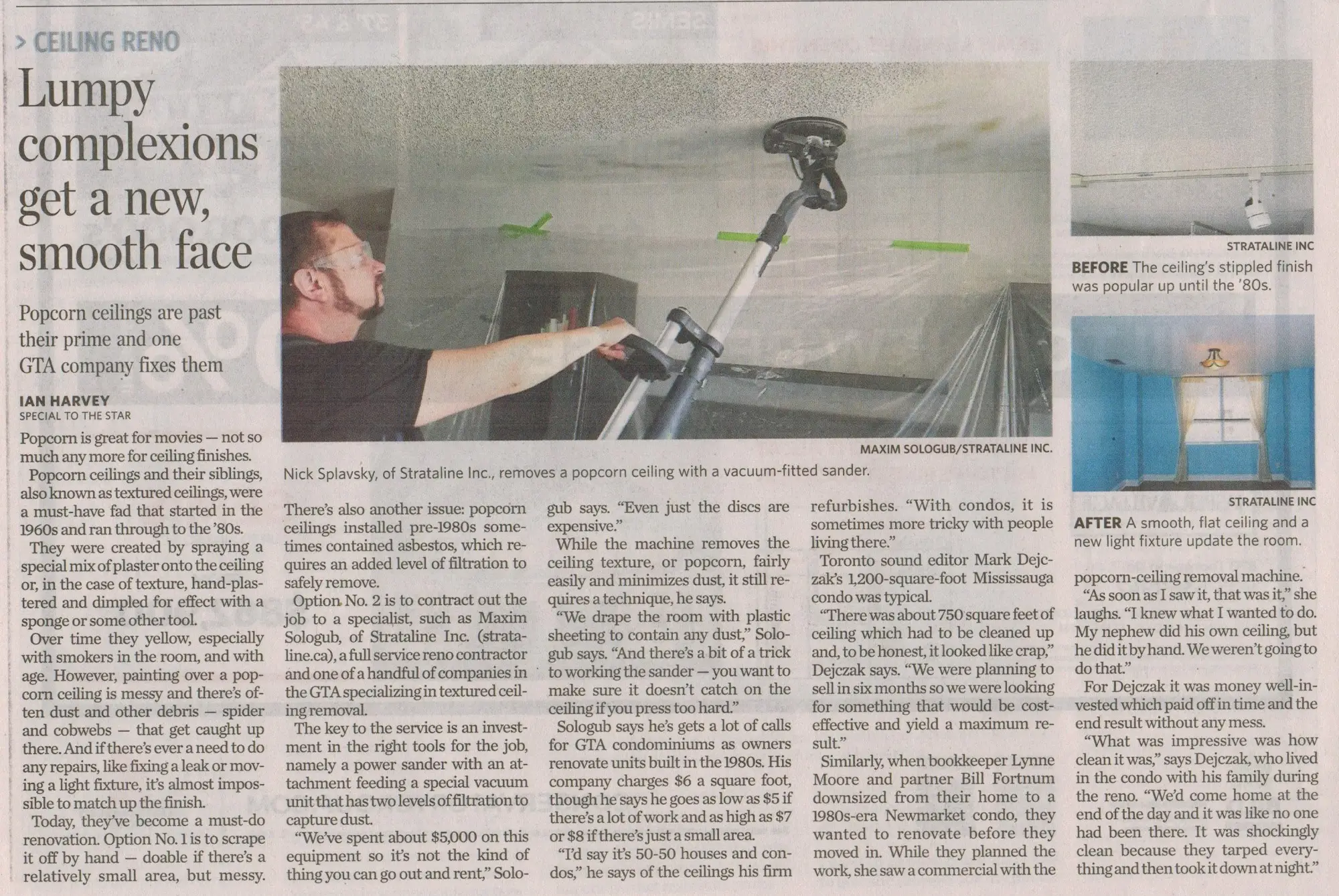 A newspaper article featuring Strataline's dust-free popcorn ceiling removal process, highlighting a professional using a vacuum-fitted sander.