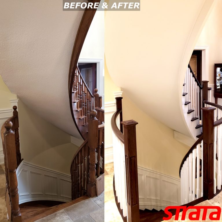 Before and After - Dust Free Popcorn Removal - Stair Refinishing - Railing Renovation - Mississauga
